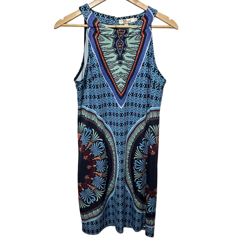 Aryeh Shift Dress Womens Large Blue Geometric Sleeveless Mini Boho‎ Summer